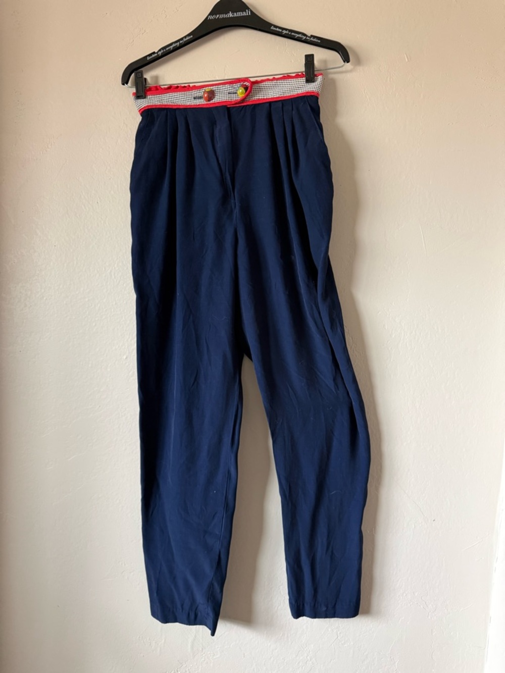 Navy Athleisure Tapered Pants with Colorful -Trim Waistband and Buttons